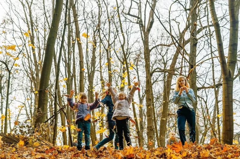Kinder werfen im Herbstwald bunte Blätter in die Luft