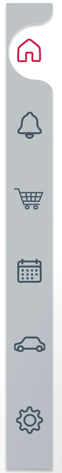 Vertikales Menü mit fünf grauen Icons und dem roten Start-Icon auf weißer Einbuchtung