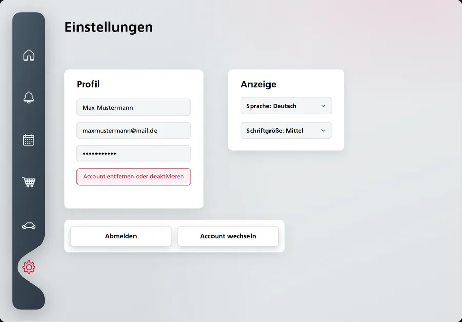 Einstellungen mit Profilfeldern, Sprache, Schriftgröße und den Buttons Abmelden und Account wechseln
