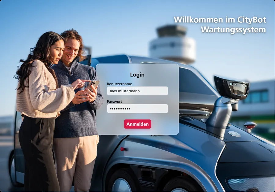 Login-Karte mit Benutzername, Passwort und Anmelden-Button über dem CityBot-Foto