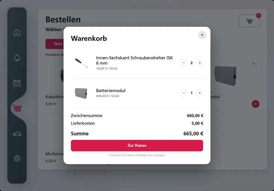 Warenkorb-Fenster mit Schraubendreher und Batteriemodul, Zwischensumme, Lieferkosten und Summe